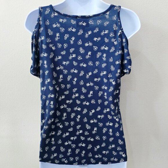W5 ✦ Womens Navy Cold Shoulder Top S ✦ Rayon Bicycle Print Casual Pullover - Picture 5 of 11